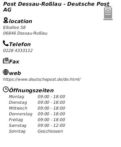 Postbank Deutsche Post Elballee 58 in 06846 Dessau.